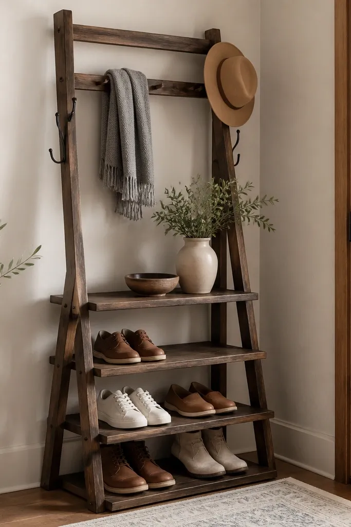 A wooden shoe rack with a ladder-style back frame. Hooks hang on the sides, and the shelves are open with a darker stain.