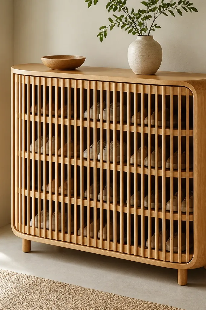 A shoe rack with rounded corners and a curved slat front. The wood is honey oak and the front slats arc slightly, giving a soft look.