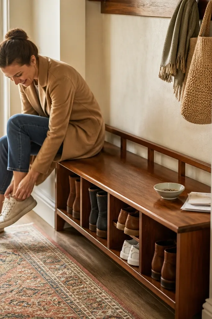 Bench-style wooden shoe rack with warm honey stain and a flat top