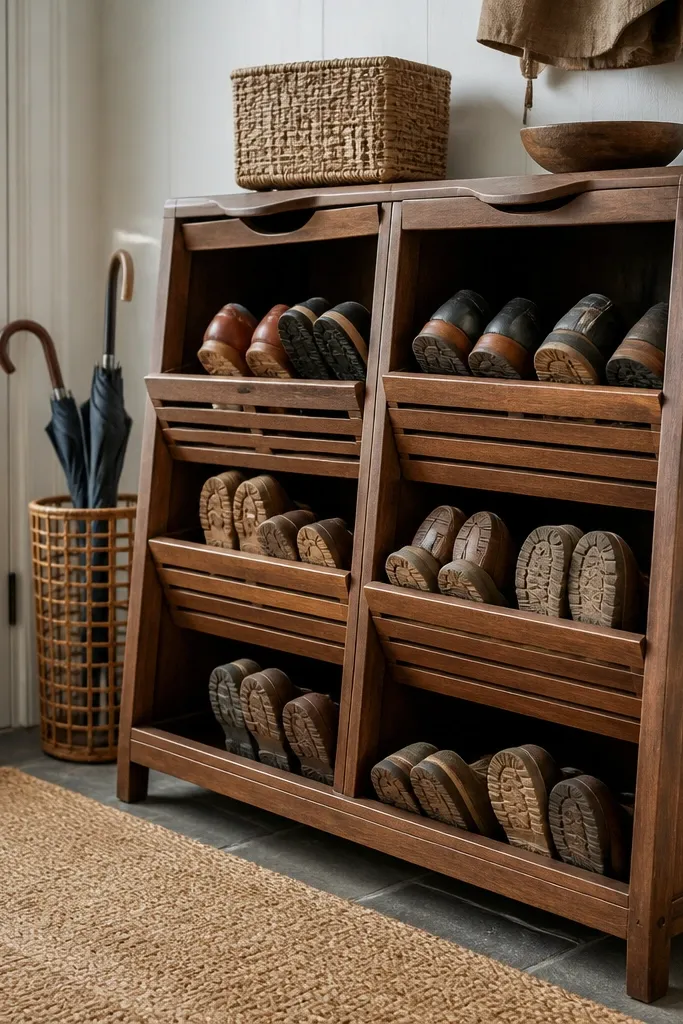 Wooden shoe rack with angled cubbies and slatted front panels