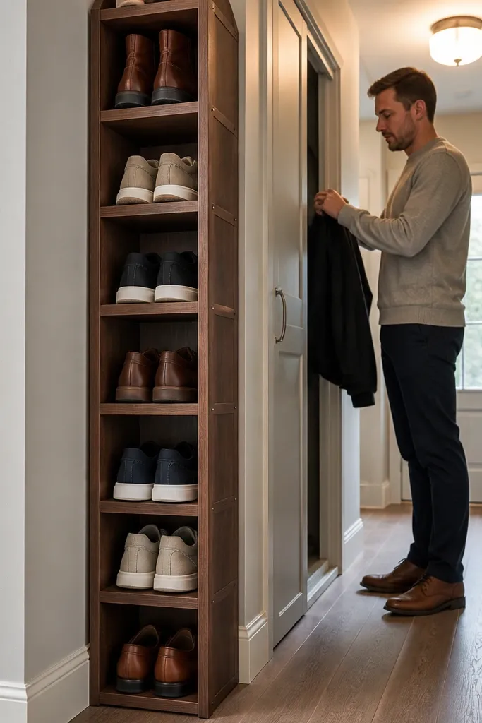 Narrow tall wooden shoe tower with open compartments on the sides