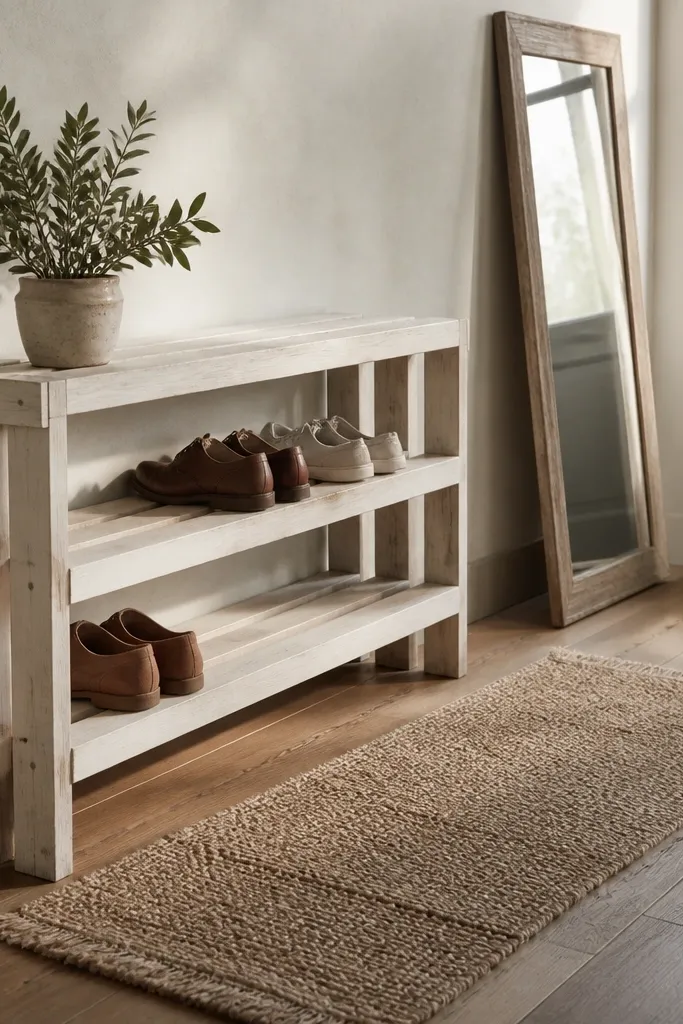 Wooden shoe rack with slatted shelves and a warm whitewashed finish
