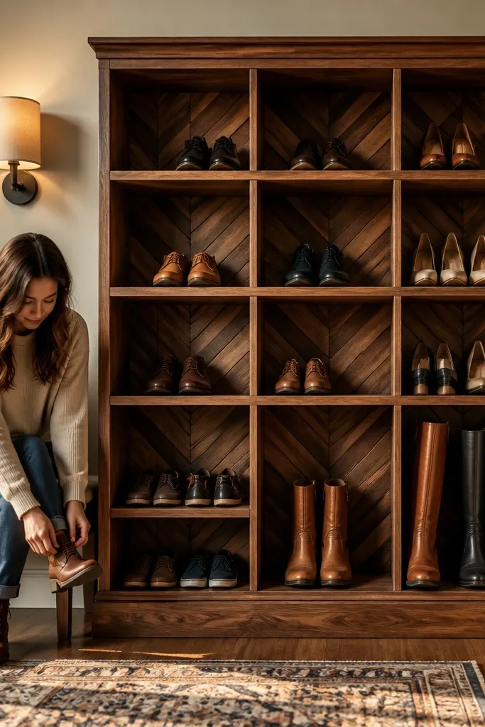 Shoe rack with a herringbone wood back panel and open cubbies