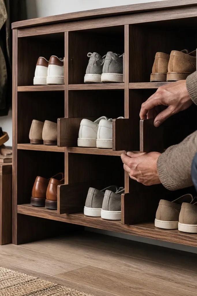 Wood shoe rack with a grid frame and removable wooden dividers