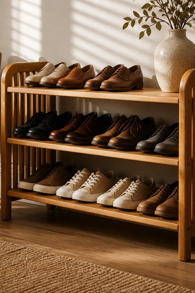 Shoe rack with round dowel side panels and warm wood finish