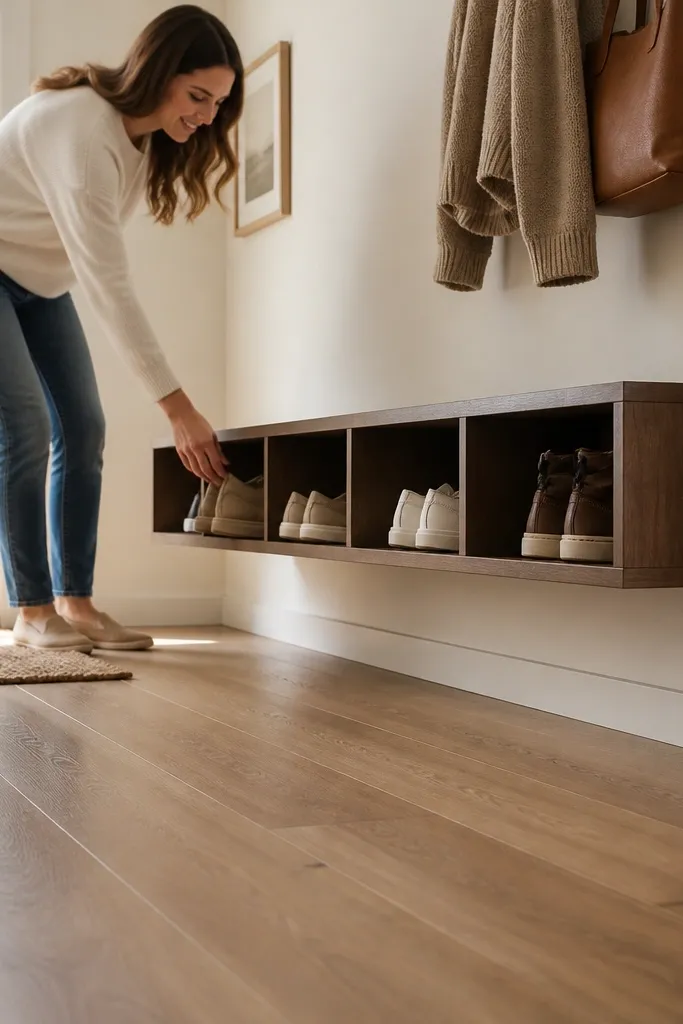 Shoe rack mounted to the wall with a clean floating appearance