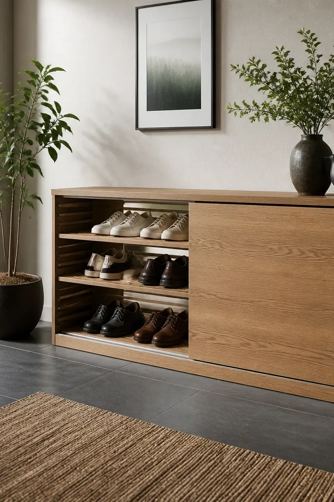 Wood shoe cabinet with sliding door and slatted interior shelves