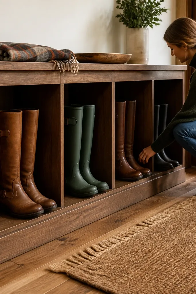Wooden shoe rack with deep cubbies for boots and a toe-kick base