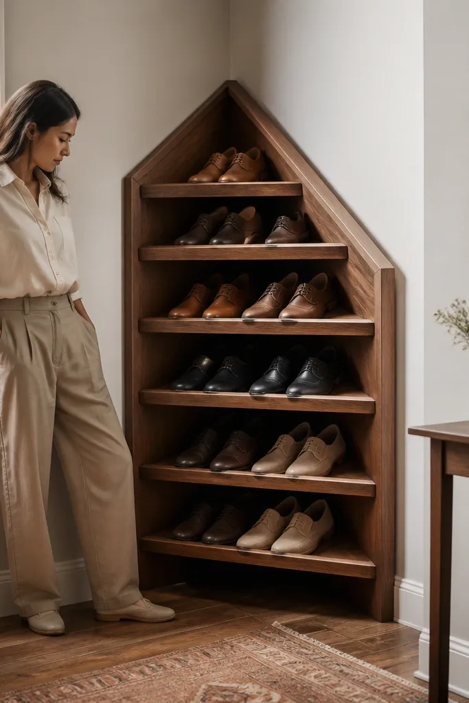 Wooden corner shoe rack with angled panels and open compartments
