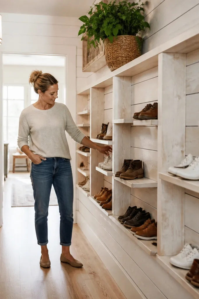 Wall-mounted wooden shoe cubbies with shiplap texture