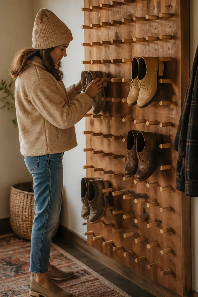 Wood shoe rack with peg-board back and dowel pegs holding shoes