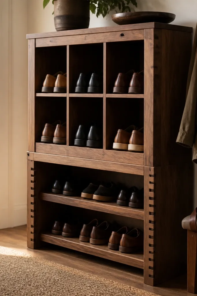 Wood shoe rack with thicker top rail and patterned side frames