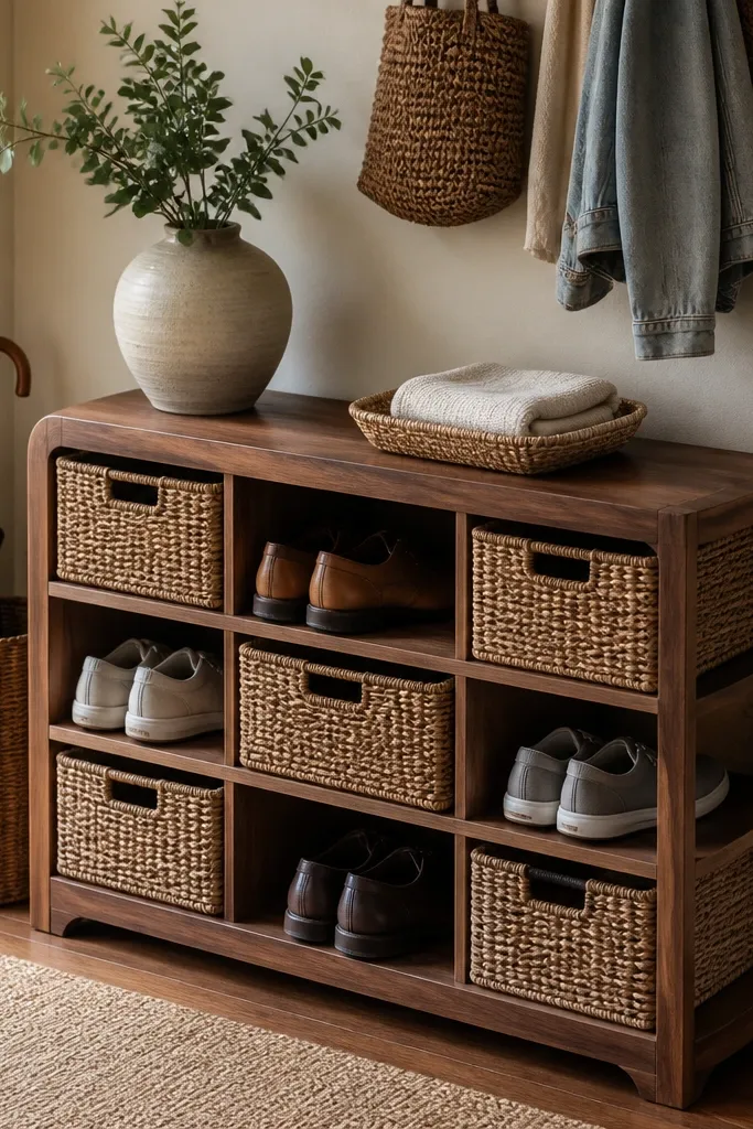 Wood shoe rack with round edges and woven baskets for shoes