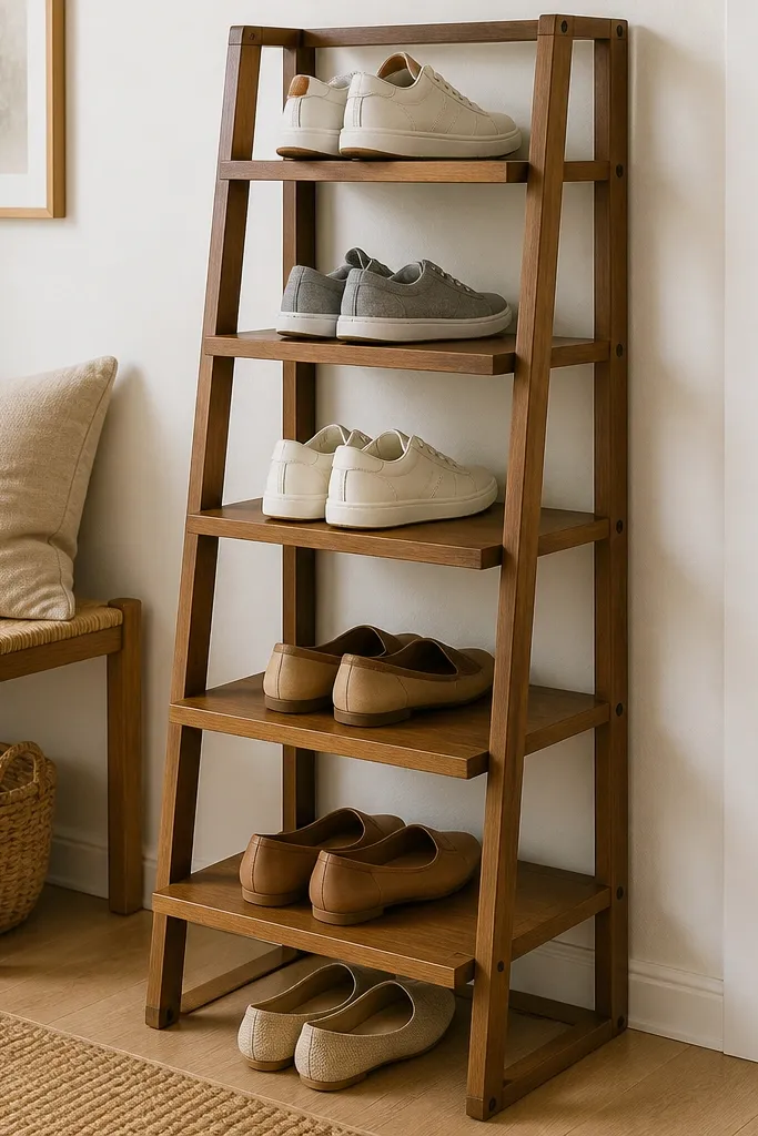 Ladder-style wooden shoe rack with staggered shelves