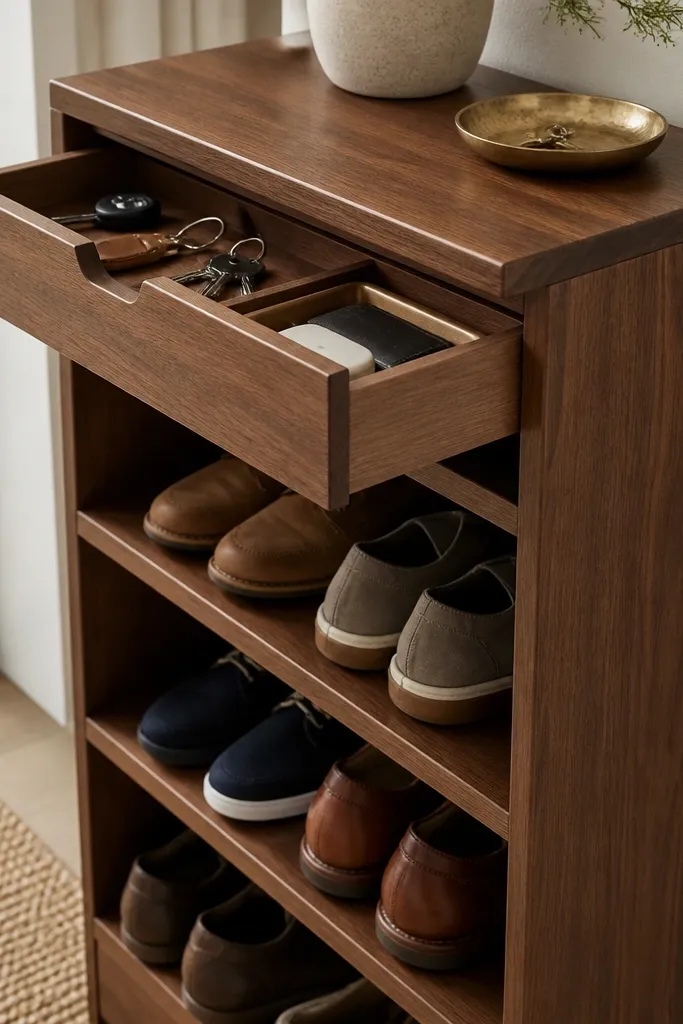 Slim wooden shoe rack with a small drawer-like shelf for keys
