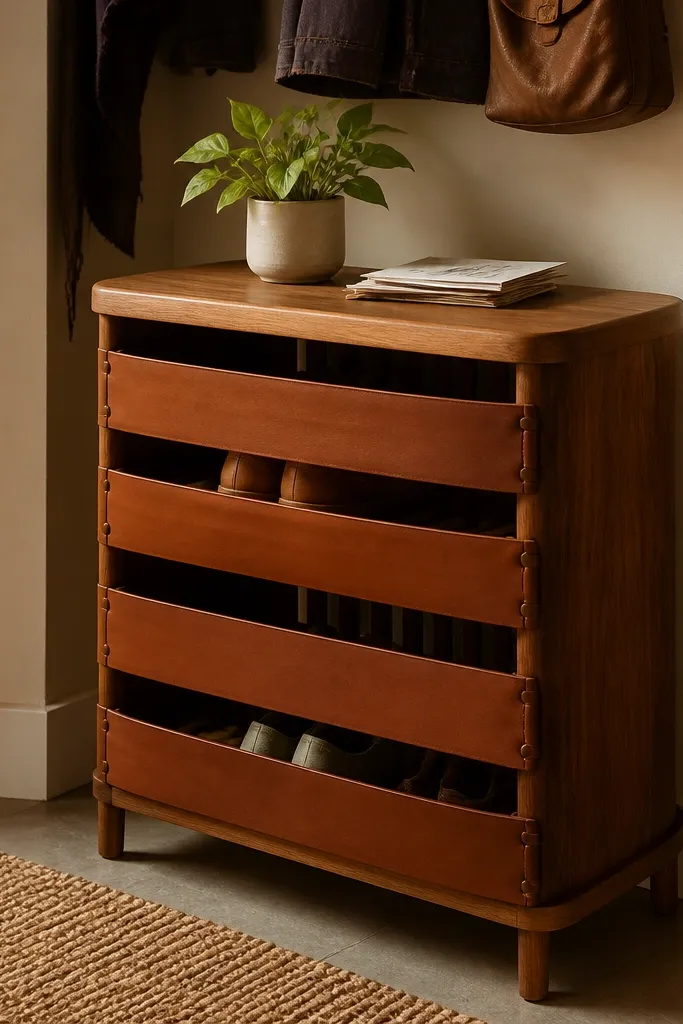 Wood shoe rack with solid top and leather strap accents on the front