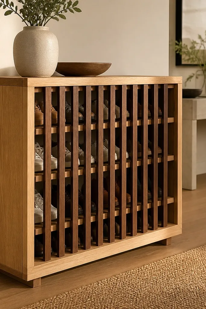 Two-tone wooden shoe rack with oak and walnut slat front