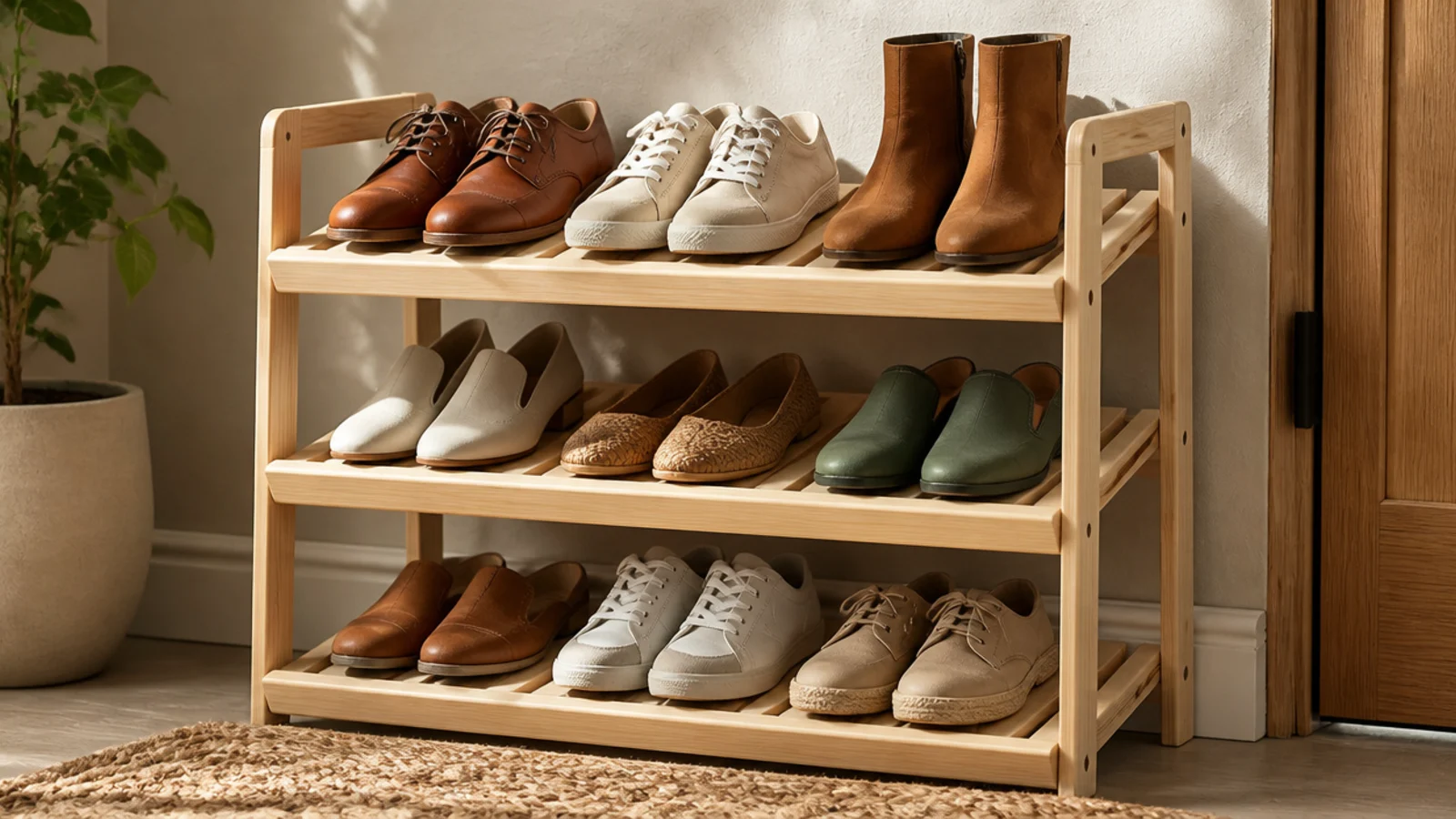A simple three-tier pine shoe rack with angled slat shelves holding shoes toe-out against a wall.