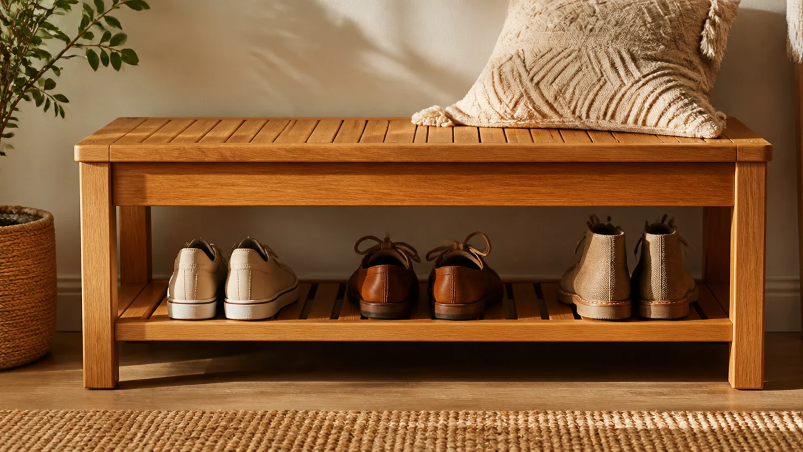 A solid oak bench with a slatted seat and a slatted lower shelf holding shoes, warm honey finish.