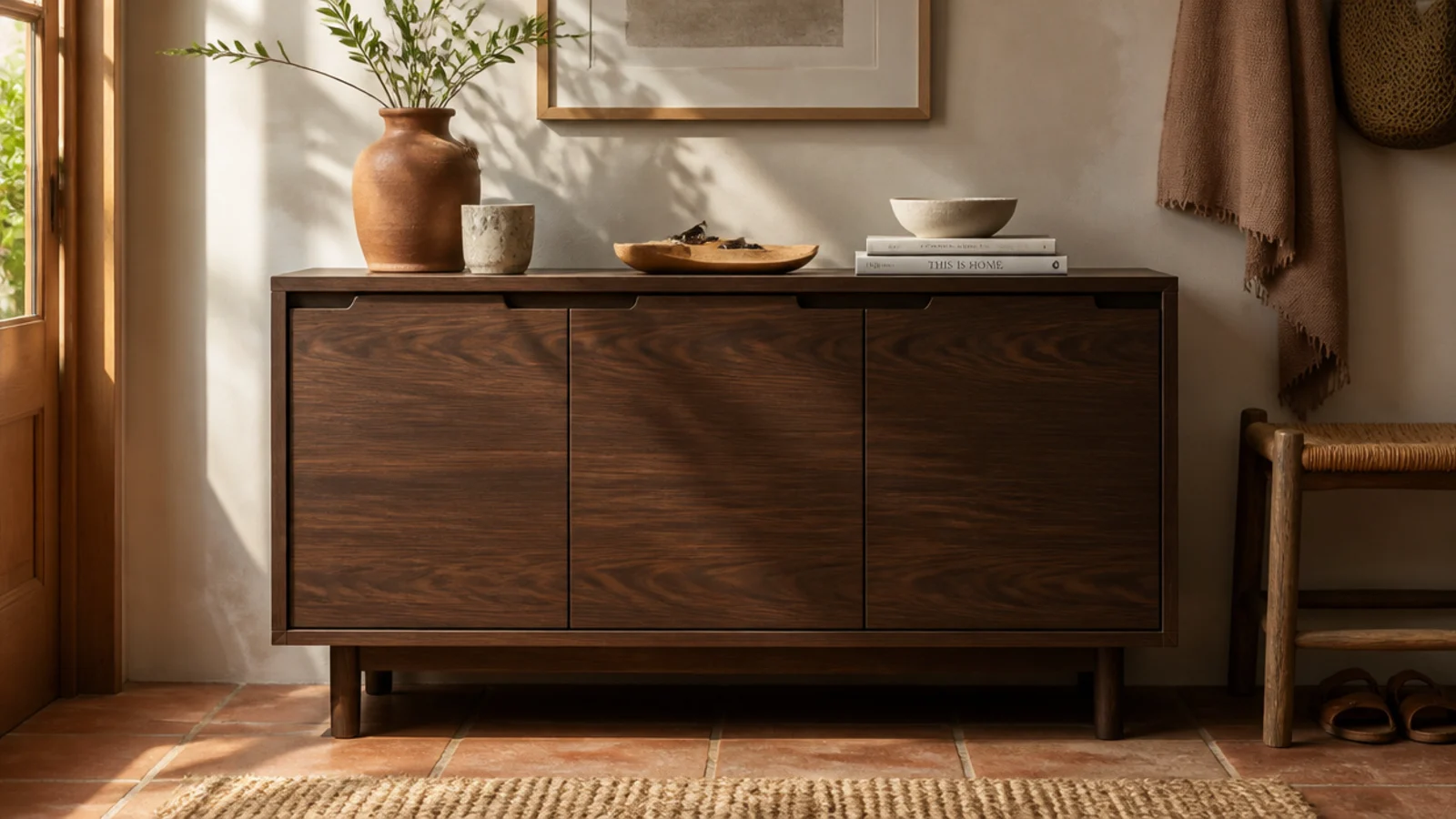 A low walnut shoe cabinet with flat doors and a rich dark grain, standing on slim legs, doors closed.