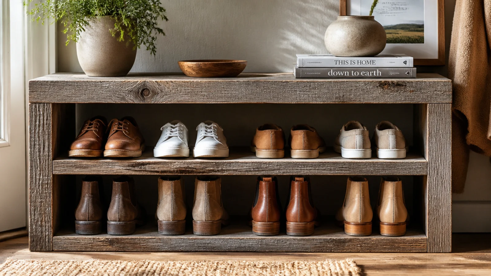 A rustic shoe rack built from weathered gray reclaimed barnwood boards with two open shelves of shoes.