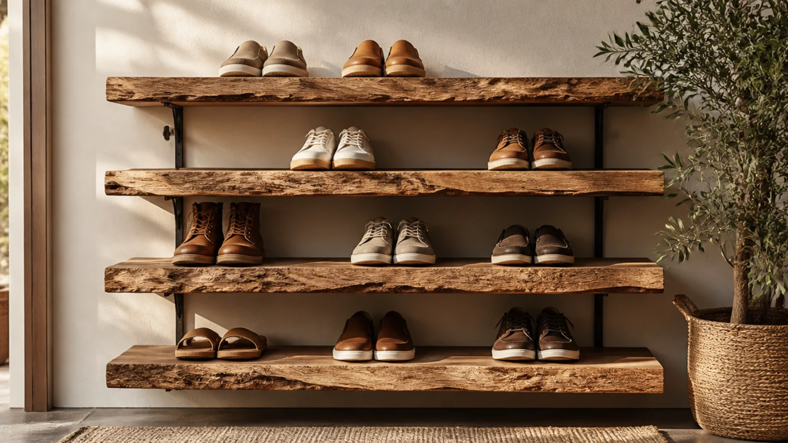 A wall-mounted rack of live-edge wood shelves with natural bark edges, each shelf holding a row of shoes.