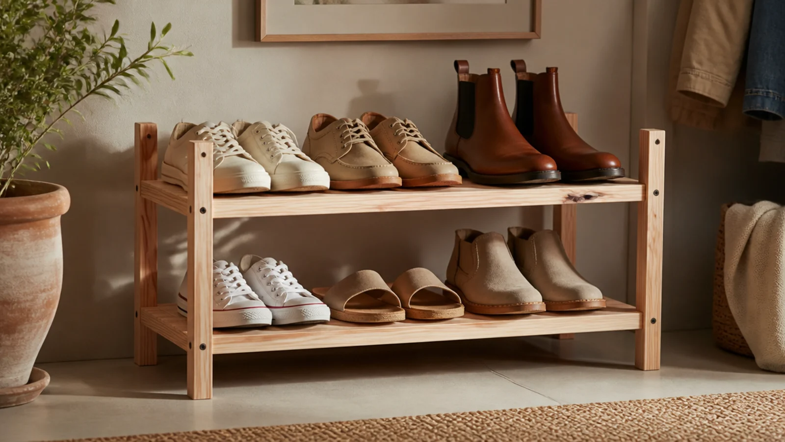A shoe rack built from pale aromatic cedar slats with visible grain, two tiers of shoes, near a closet.