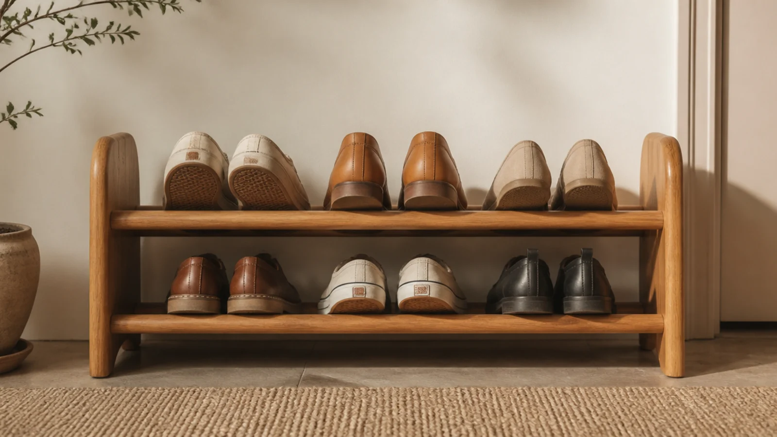 A low wooden rack with rows of horizontal dowel rungs, shoes resting across the rungs by their soles.