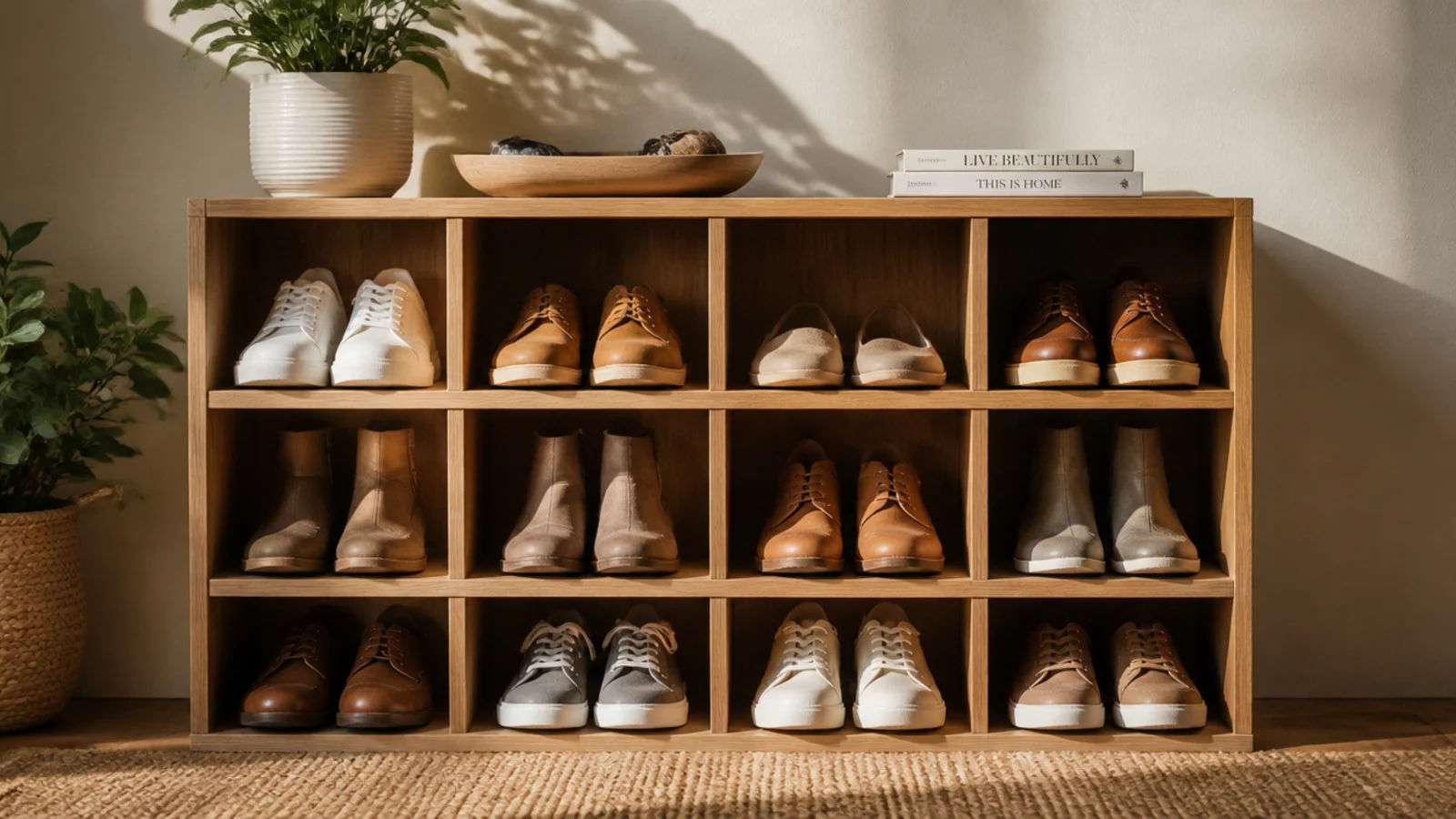 A wooden grid of square cubbies mounted low against a wall, each cubby holding a pair of shoes.