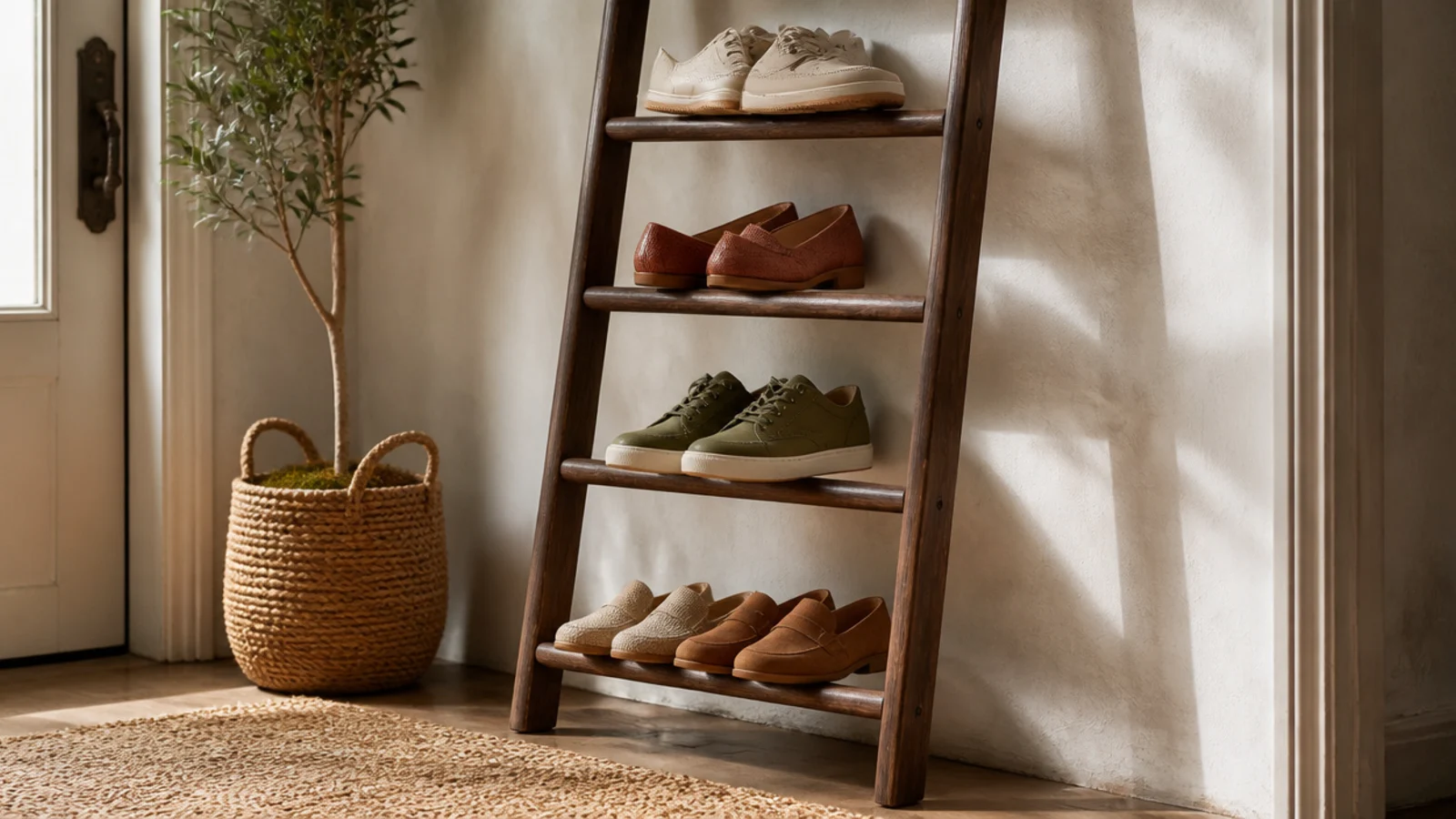 A leaning wooden ladder rack with richly stained rungs holding shoes, propped against a wall.