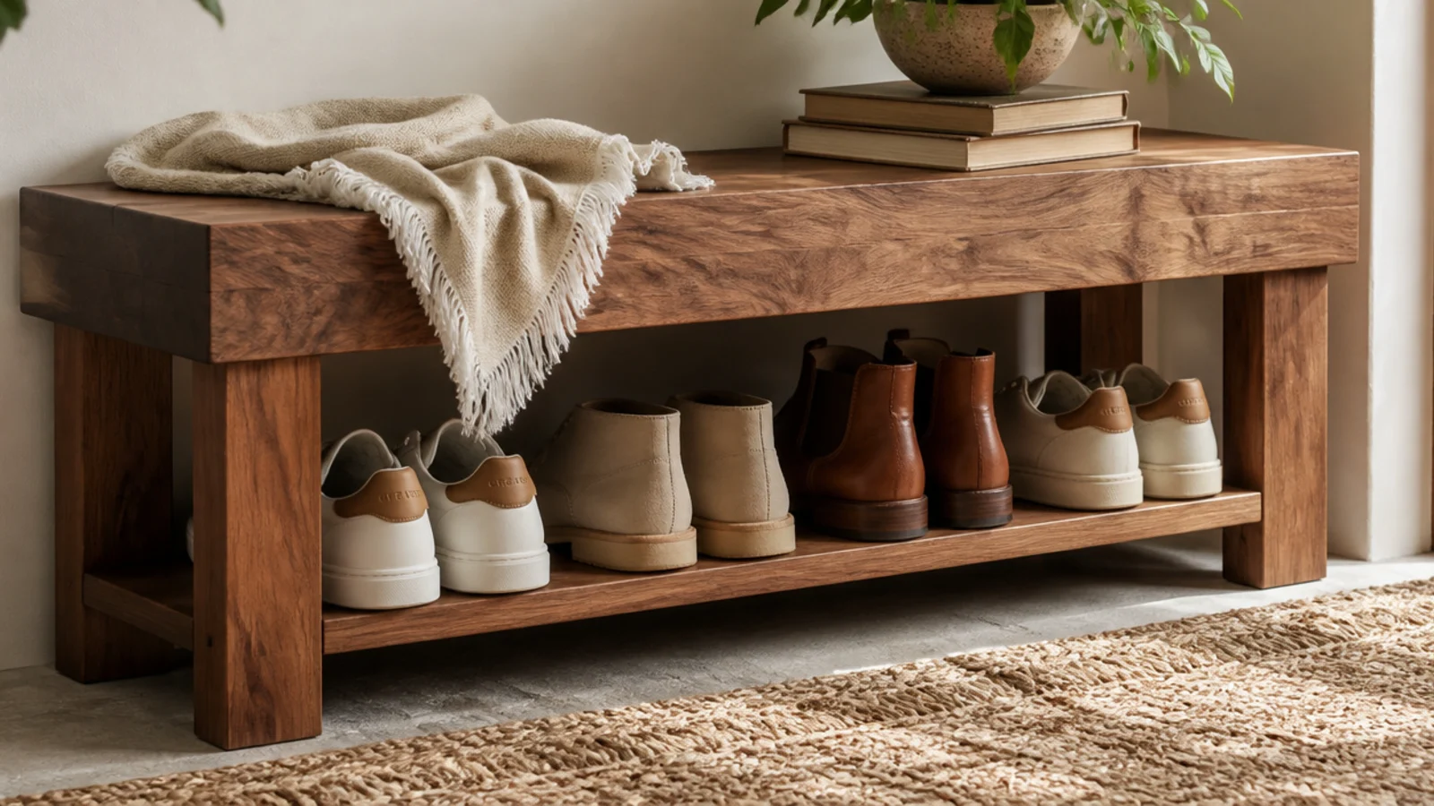 A thick butcher-block-topped bench on square wood legs with an open shoe shelf beneath, warm wood tone.