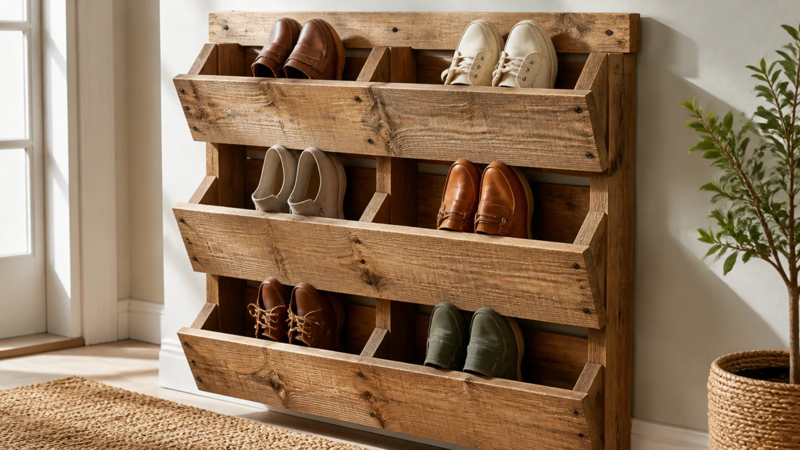 A wall-mounted rack built from sanded pallet planks with angled pockets holding shoes toe-first.