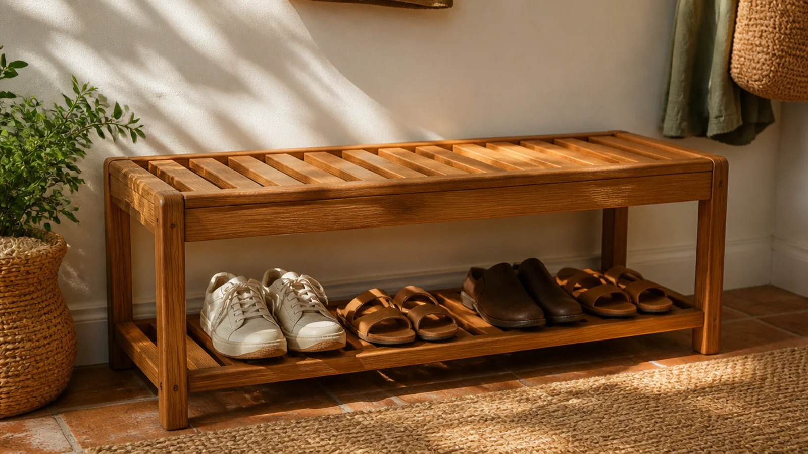 A slatted teak bench with a golden-brown finish and a lower shoe shelf, suited to a damp entry.