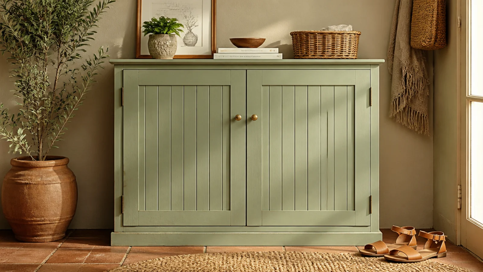 A cottage-style shoe cabinet with beadboard door panels painted soft sage, closed against a wall.
