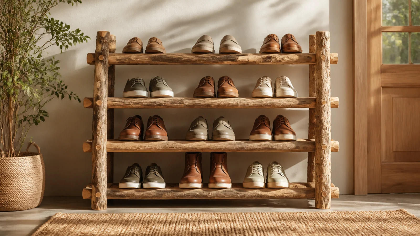 A shoe rack made from thick natural tree branches as rails within a simple frame, holding shoes across them.
