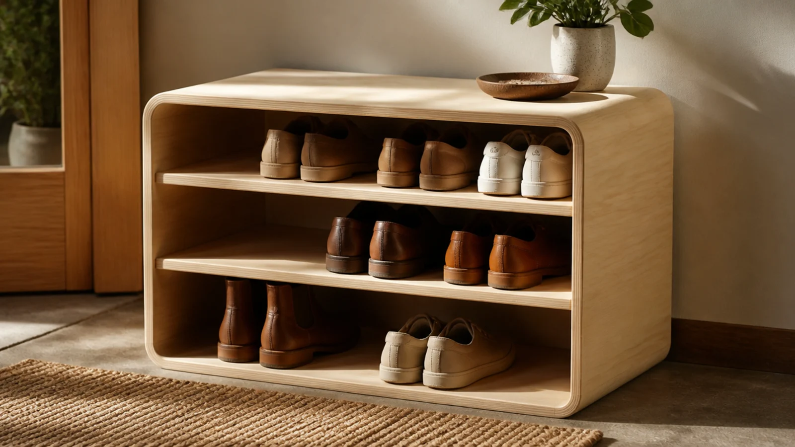 A modern rack made from a single sheet of birch plywood folded in a waterfall shape with shoe shelves between.