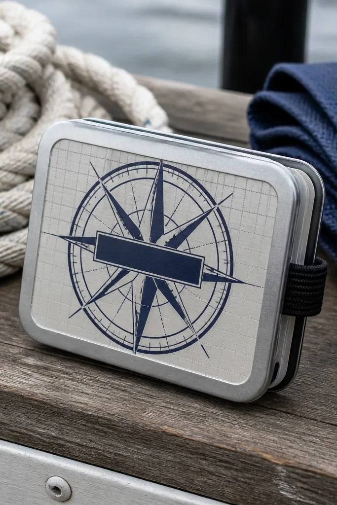 Navy compass icon with a cream micro-grid background