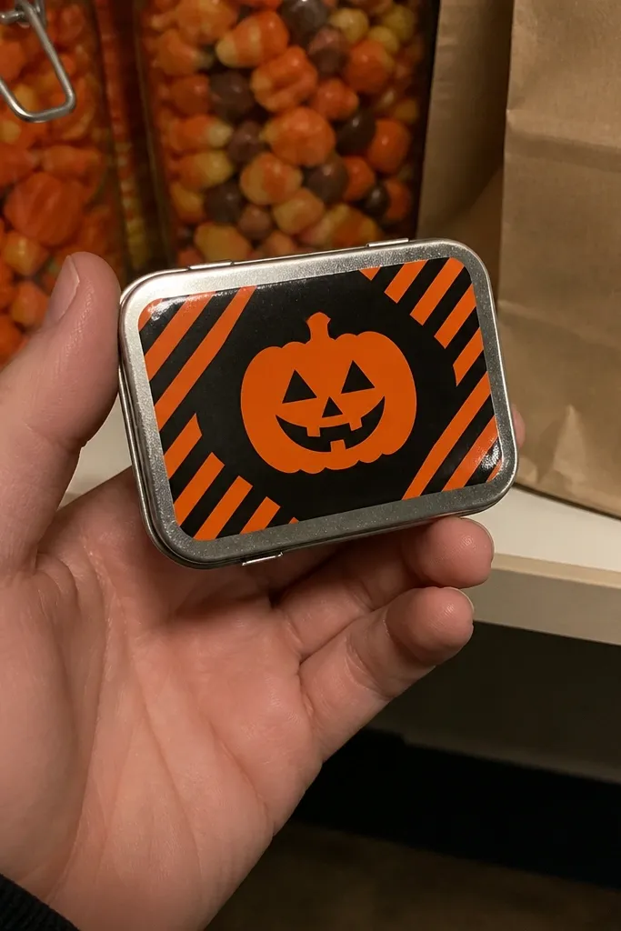 Halloween candy wrapper style sticker with striped corners and a small icon