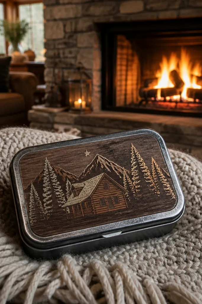 Winter cabin sign lettering with a faux wood grain background