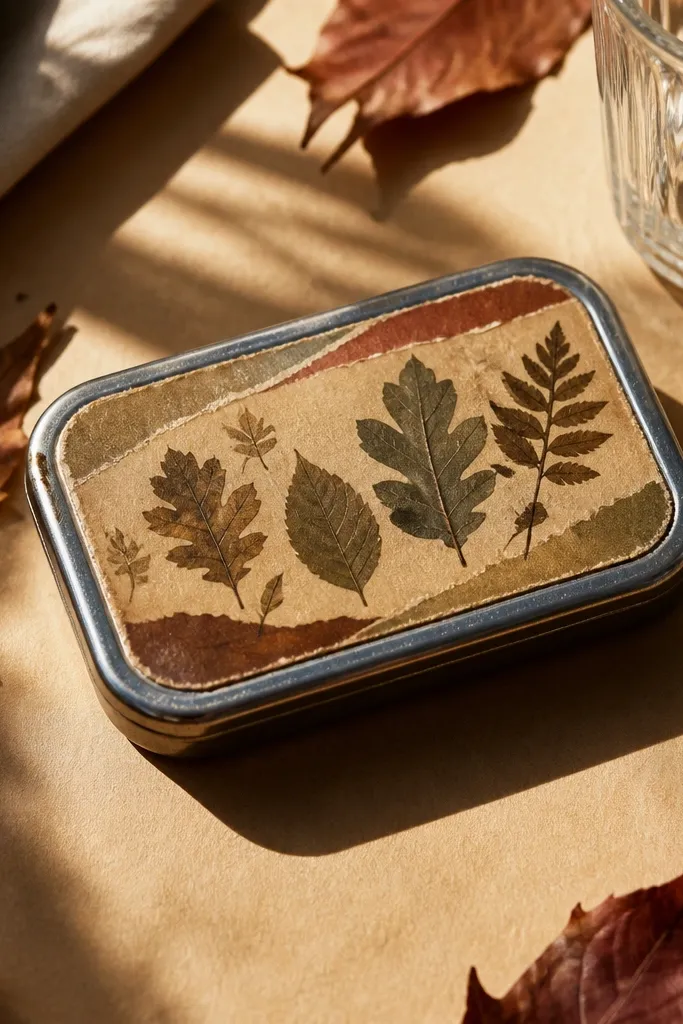 Dried leaf graphic with a torn-paper edge frame