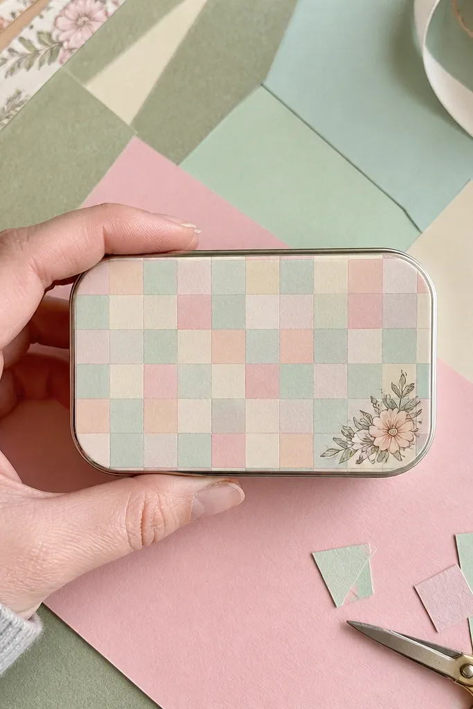 Pastel checkerboard sticker with a single floral patch in the corner