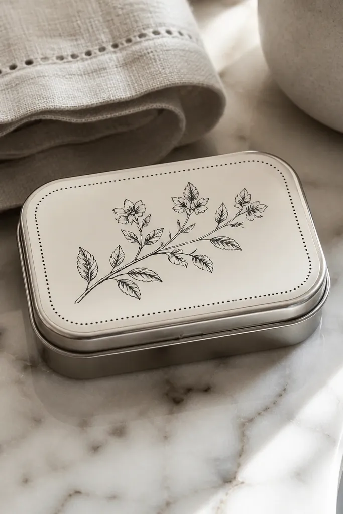 Small monochrome floral sprig with tiny dot border around it