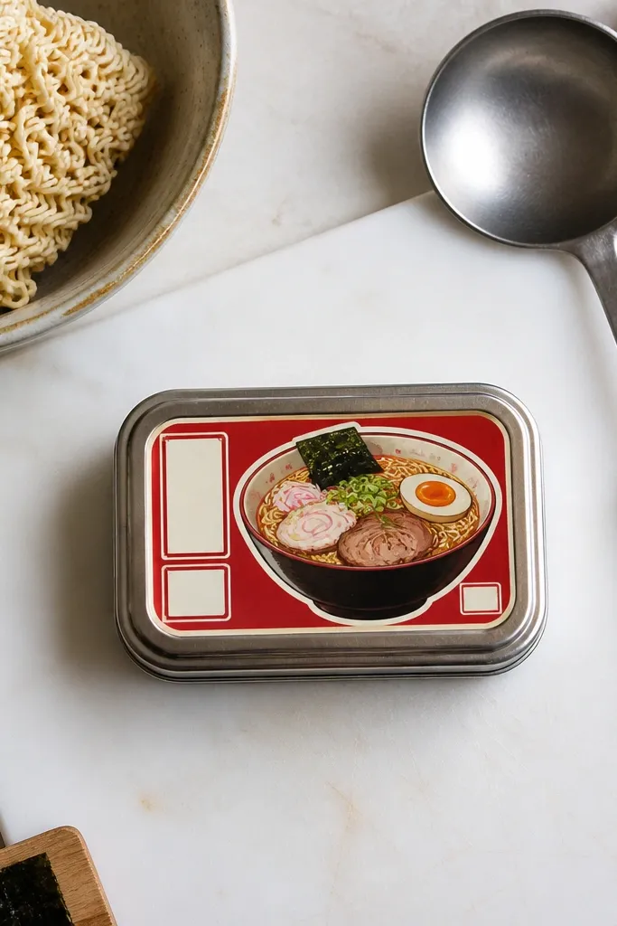 Food label style ramen bowl sticker with bold red accents