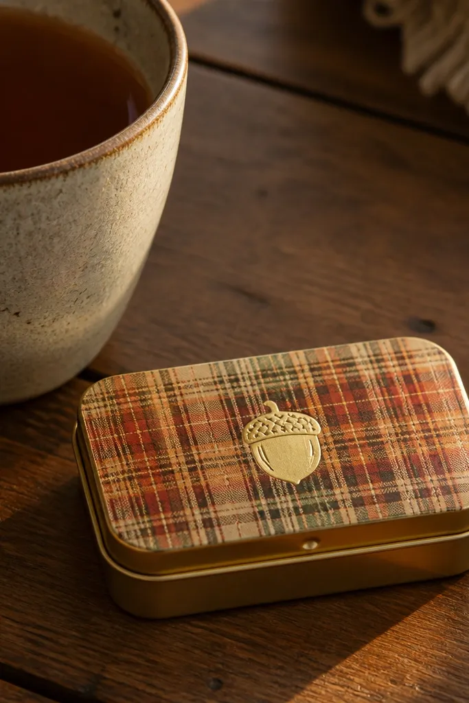 Mini plaid pattern sticker with a small gold acorn in the center