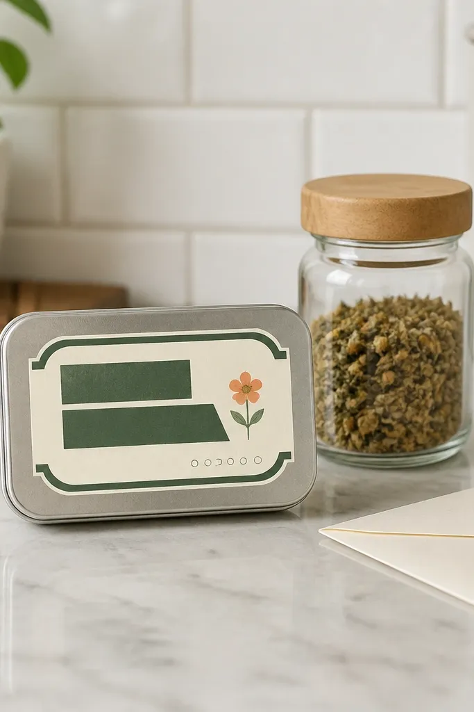 Minimal clean label sticker with a small flower icon and tiny date text
