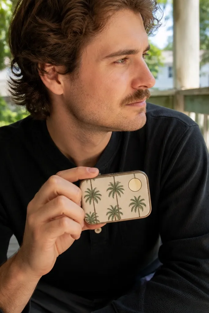 Retro palm print sticker with a cream sun badge in the corner