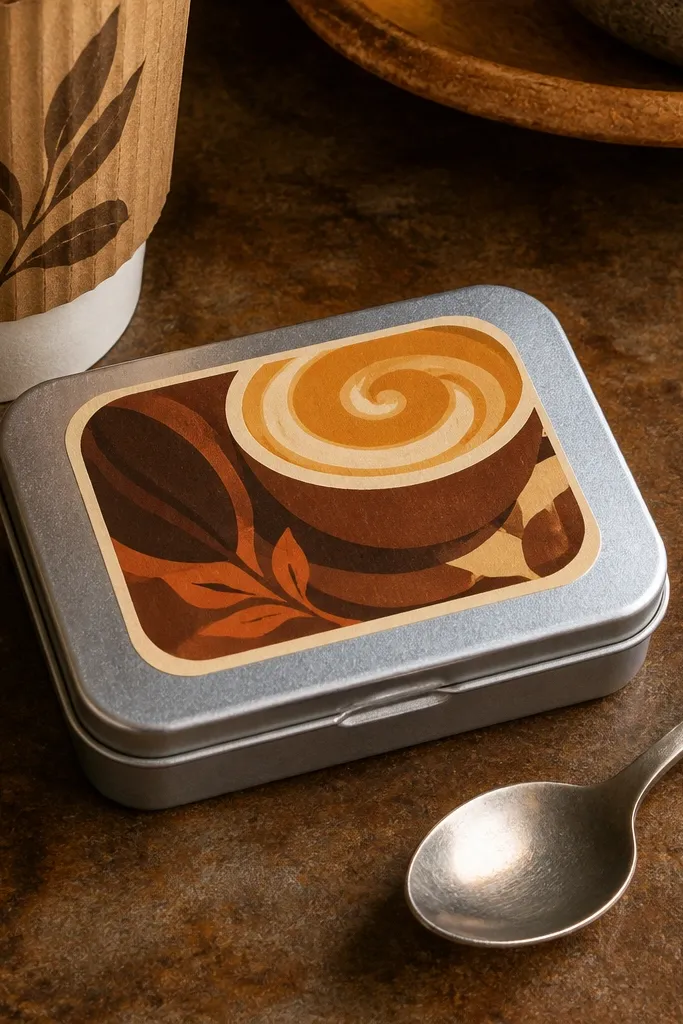 Coffee label sticker with a crema swirl inside a rounded square