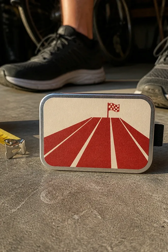 Sporty sticker with track lane lines and a tiny finish flag icon
