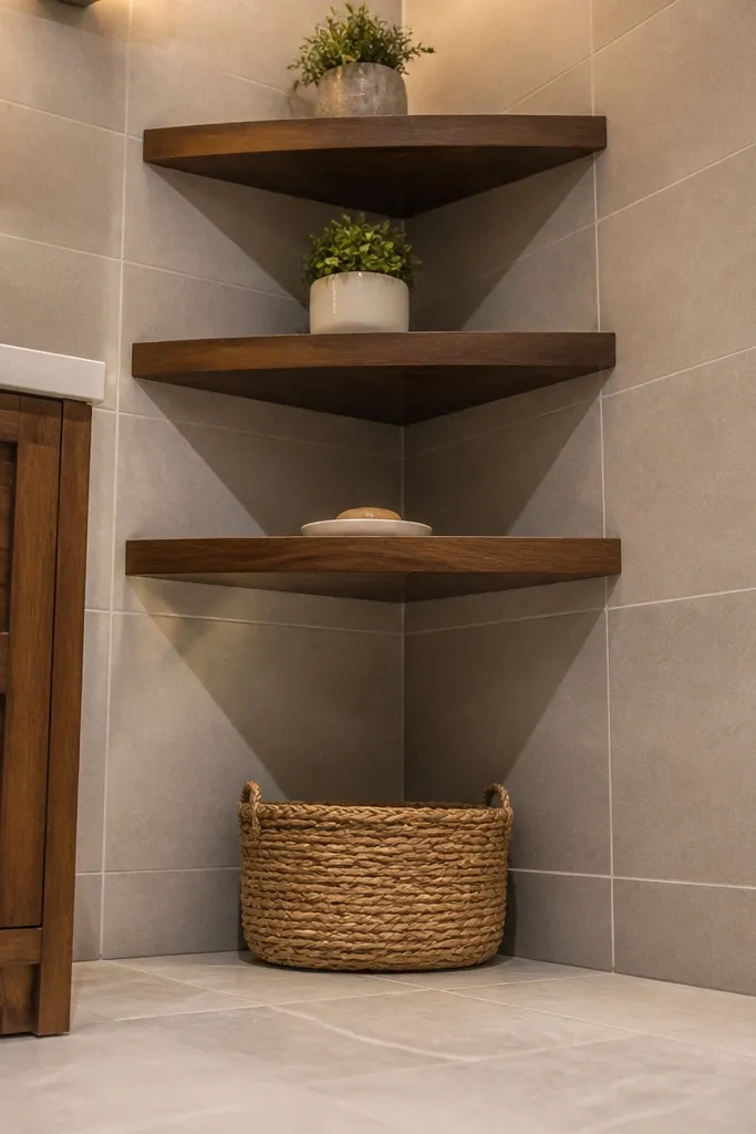 Three small triangular floating shelves in a bathroom corner with a dark finish.