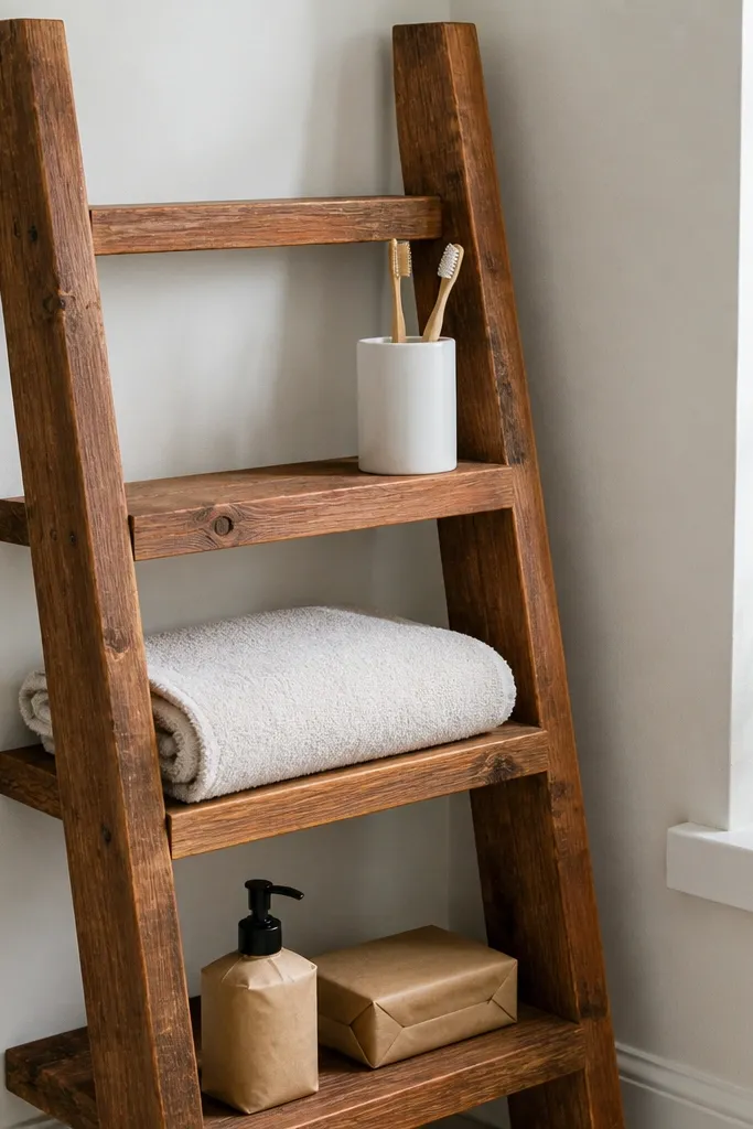 Corner ladder shelf made from cedar with three open tiers and visible wood grain.